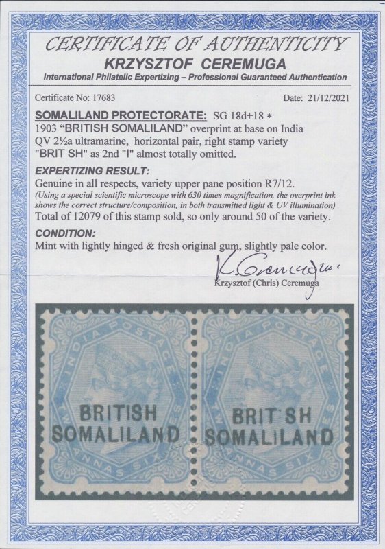 SOMALILAND 1903 QV India 2½a pair, variety 'BRIT.SH'. Only 50 sold. Certificate.