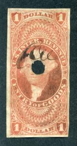 R67a - $1 - Entry of Goods - Imperforate - Punch Cancel - small preprinting pap