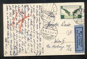 SWITZERLAND 1934 40c Airmail (C14) tied on postcard to AUSTRIA, ski jump scene