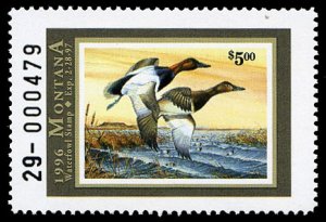United States, Duck Hunting - State #MT44 Cat$11, Montana, 1996 $5 Canvasback...