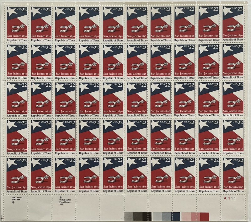 Scott 2204 Texas Statehood Sheet Of 50 Us 22¢ Stamps Mnh 1986 United States General Issue 2576