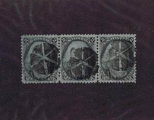 SC# 93 USED, STRIP OF THREE, 2 CENT JACKSON, THREE FANCY CANCELS, 2009 PF CERT