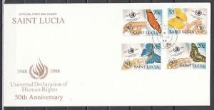 St. Lucia, Scott cat. 1091-1094. Human Rights & Butterflies. First day cover.