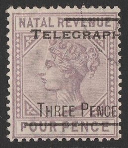 NATAL 1902 'TELEGRAPH SIX PENCE' on QV Revenue 9d dull mauve, narrow spacing.