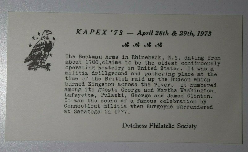 KAPEX Dutchess Philatelic Society Poughkeepsie NY 1973 Beekman Arms Cachet Cover