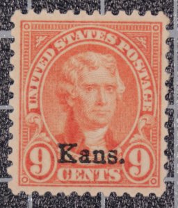 Scott 667 9 Cents Jefferson OG MH Stamp KANS Overprint SCV $14.00