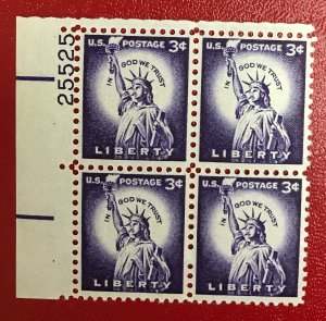 1954 US Sc 1035 MNH plate block 3 cent statue of liberty CV$1.20 Lot 1855