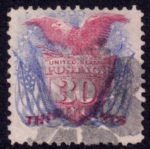 US Scott 121, 1869 Shield, Eagle and Flags, 30c ultramarine, VERY FINE USED
