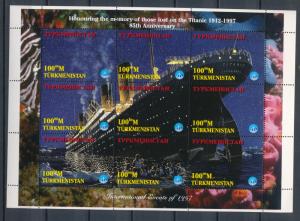 Turkmenistan 1997 sheet of 9 stamps of 100m MNH - Titanic 85th Anniv