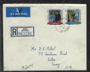 SEYCHELLES  (P1708B) COVER 1986  3R+1R REG A/M  COVER TO ENGLAND  