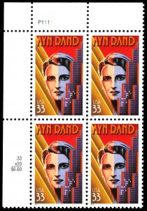 US Sc 3308 VF/MNH PLATE BLOCK - 1999 33¢ - Ayn Rand - P.O. Fresh