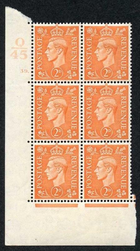 KGVI 2d Pale Orange Control Q45 Cylinder 39 dot M/M Scarce