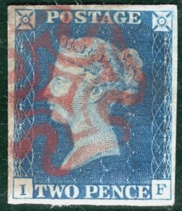 GB 1840 TWO PENCE BLUE QV Stamp SG5 2d Plate 1 (IF) Used *RUBY* MX c£5,000 PRED2