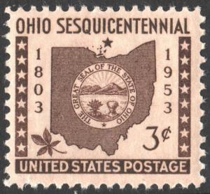 SC#1018 3¢ Ohio Sesquicentennial Single (1953) MNH