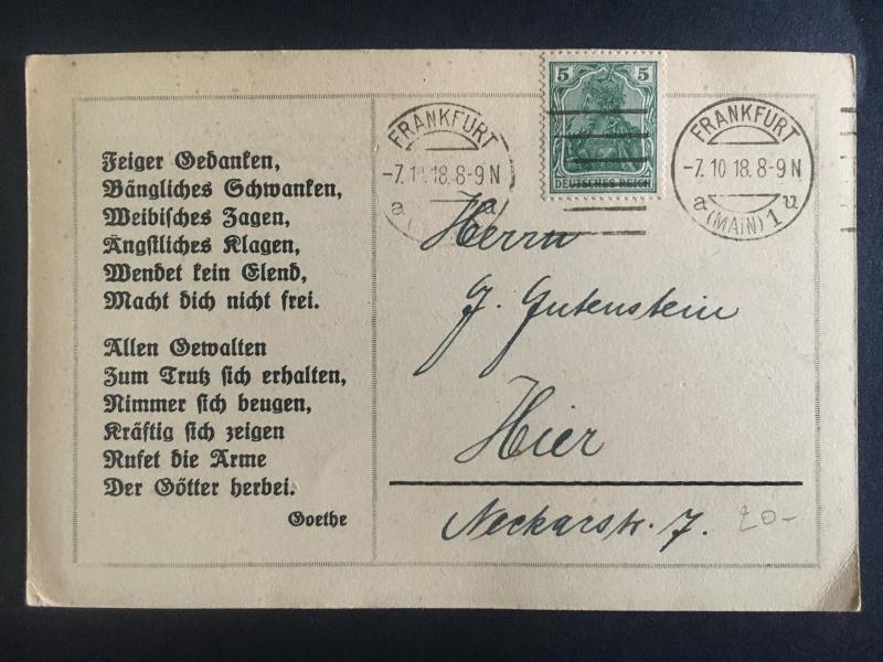 1918 Frankfurt Germany Deutsche Bank postcard Cover Soldier with Sword