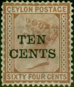 Ceylon 1885 10c on 64c Red-Brown SG174 P.14 x 12.5 Fine MM