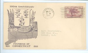 US 772 1935 3c Connecticut Tercentenary (Charter Oak) single on an addressed (typed) FDC with a Bernet cachet