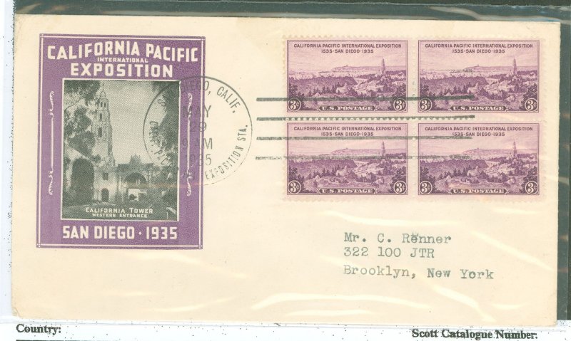 US 773 1935 3c california pacific exposition, block of 4 on an addressed, typed fdc with an ioor cachet