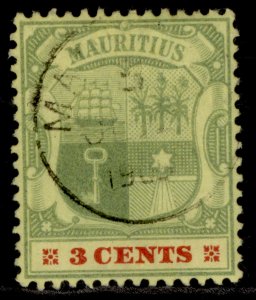 MAURITIUS EDVII SG166, 3c green & carmine/yellow, VERY FINE USED. Cat £16.