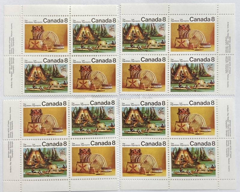 CANADA 1973 #567a Algonkian Indians Set of 4 Plate Blocks - MNH