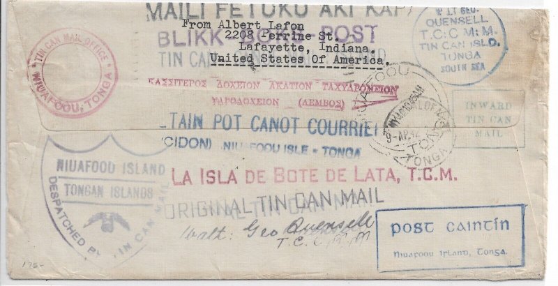 Lafayette, IN to Niuafoou Island, Tonga via Fiji 1941 2 x 4c Prexies (49541)