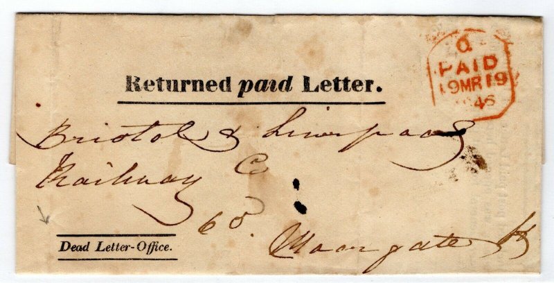 GB Cover Official *DEAD LETTER-OFFICE* Returned Paid Letter London 1845 PE93 
