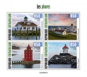 Central Africa - 2020 Lighthouses, Obrestad, Eggum - 4 Stamp Sheet - CA200607a