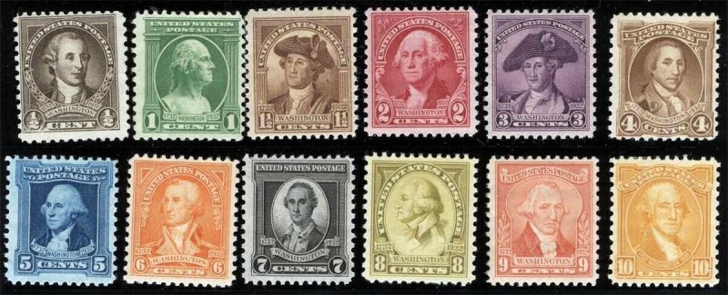 US Sc 704-715 Multicolor 1/2¢-10¢ Hinged OG Washington Bicentennial Set