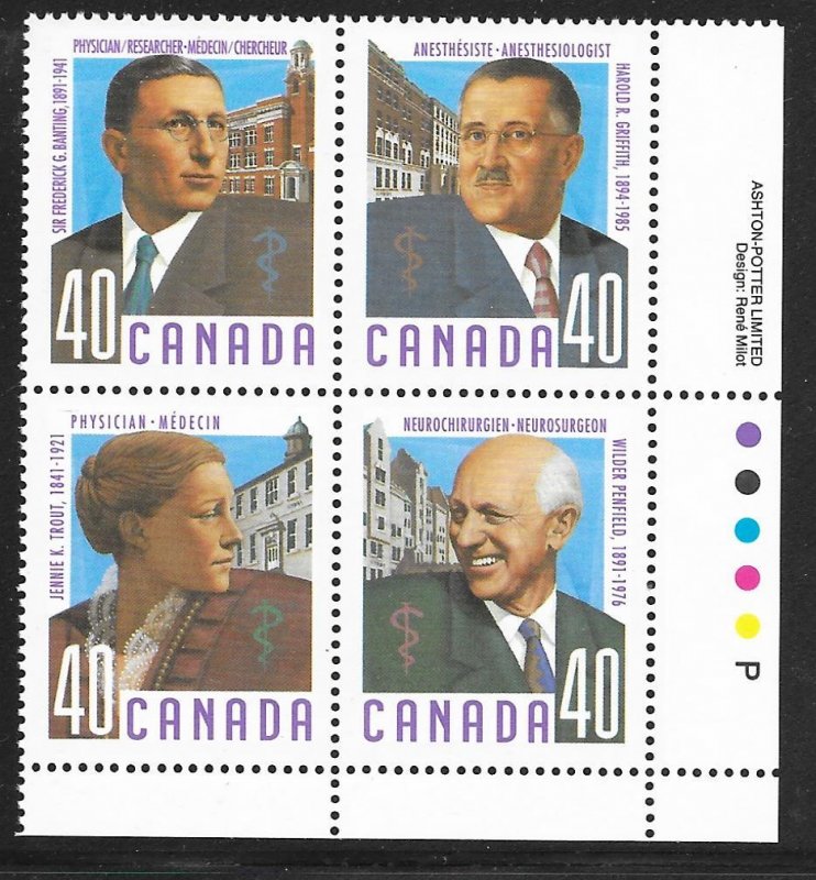 Canada 1302-1305: 40c Canadian Doctors, plate block, MNH, VF