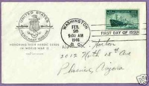 939   MERCHANT MARINE 3c 1946,  HOUSE OF FARNAM FIRST DAY C...