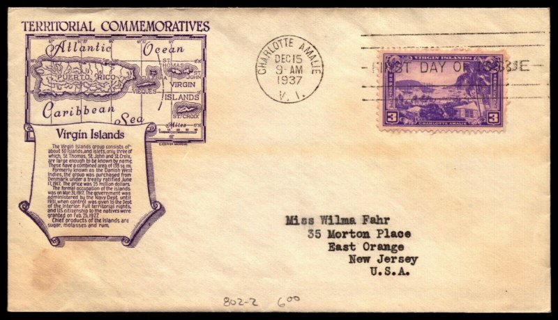 Scott 802 3 Cents Virgin Islands Anderson FDC Typed Address Planty 802-2