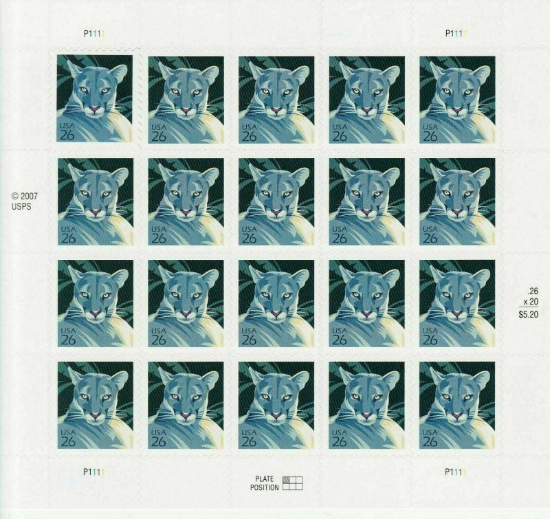 Florida Panther Sheet of Twenty 26 Cent Postage Stamp Scott 4139 