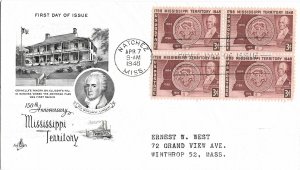 #955 FDC, 3c Mississippi 100th, Art Craft cachet - single/block of 4