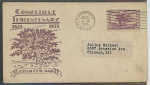 US 772 1935 3c Connecticut Tercentenary (Charter Oak-tree) on an addressed first day cover with a CW Jannis cachet.