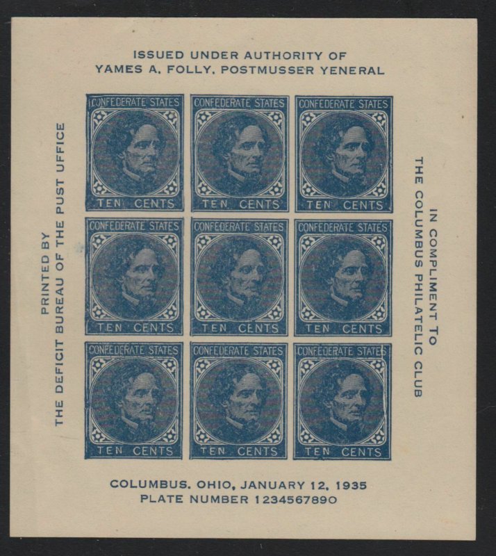 1935 Columbus OH Cinderella souvenir sheet Confederate States