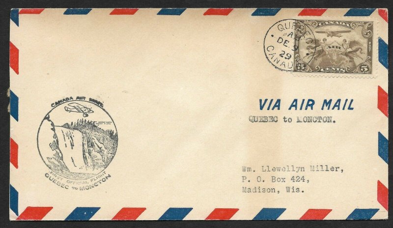 Doyle's_Stamps:Canadian Postal History: 1st Flt Quebec-Moncton Flight Cvr, 1929