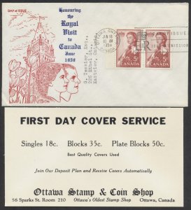 1959 #386 Royal Visit FDC Pair Ginn Cachet with Stamp Dealer Insert Ottawa