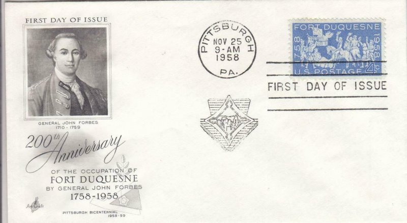 1958, 200th Anniv. Fort Duquesne, Artcraft, FDC (D14481)