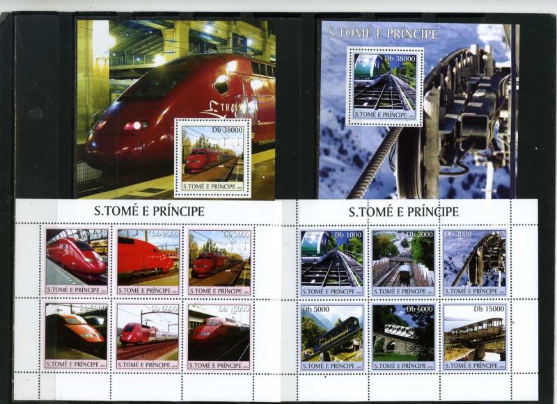 ST.THOMAS & PRINCE ISLANDS 2003 LOCOMOTIVES 2 SHEETS OF 6 STAMPS & 2 S/S MNH 