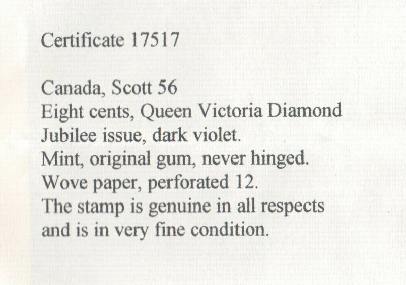 Canada #56 Extra Fine Never Hinged **With Certificate**