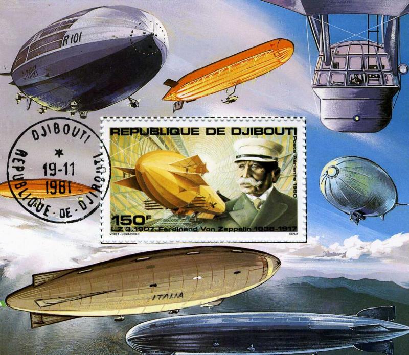 Djibouti 1980 Ferdinand Von Zeppelin Souvenir Sheet Perforated Cancel CTO