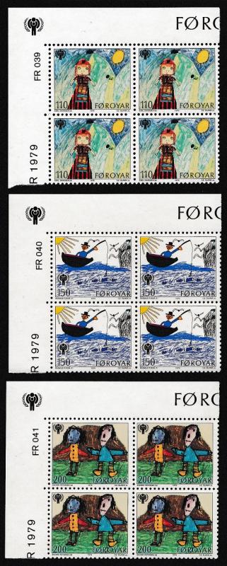 Faroe Is. International Year of Child 3v Corner Blocks of 4 with margins