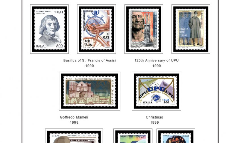 COLOR PRINTED ITALY 1990-1999 STAMP ALBUM PAGES (66 illustrated pages)