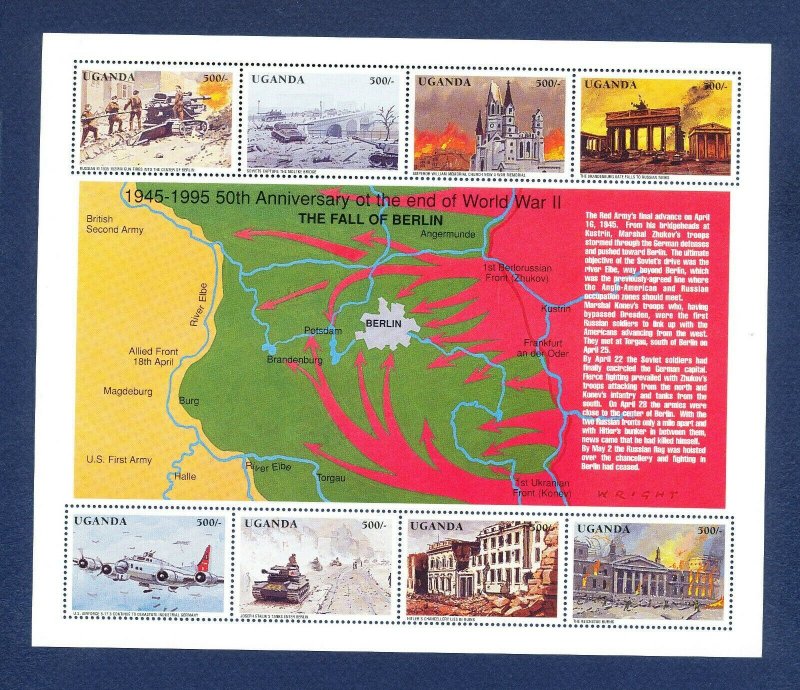 UGANDA - Scott 1311 - FVF MNH S/S - end of WWII - map, tank, airplanes - 1995