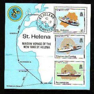 St Helena-Sc#539- id8-used sheet-Ships-RMS St Helena-Maps-1990-