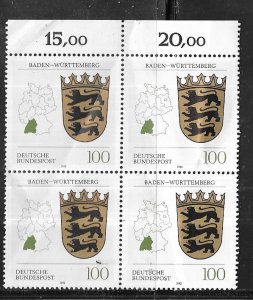 Germany #1699 100pf Baden-Wurttenberg  plate # blk of 4 (MNH)  CV$5.50