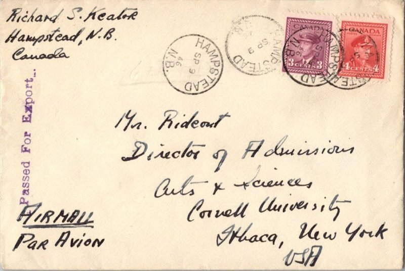 Canada 3c and 4c KGVI War Issue 1946 Hampstead, N.B. Airmail to Ithaca, N.Y. ...