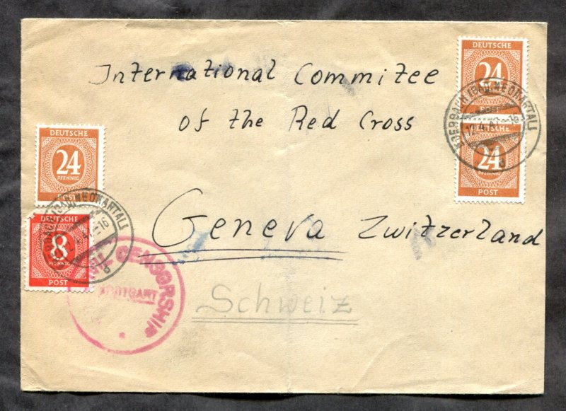 d983 - GERMANY 1947 Allied Occupation CENSORED Cover to Swiss Red Cross