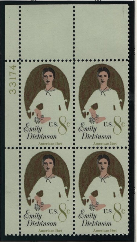 US, 1436, MNH, PLATE BLOCK, 1971, EMILY DICKINSON