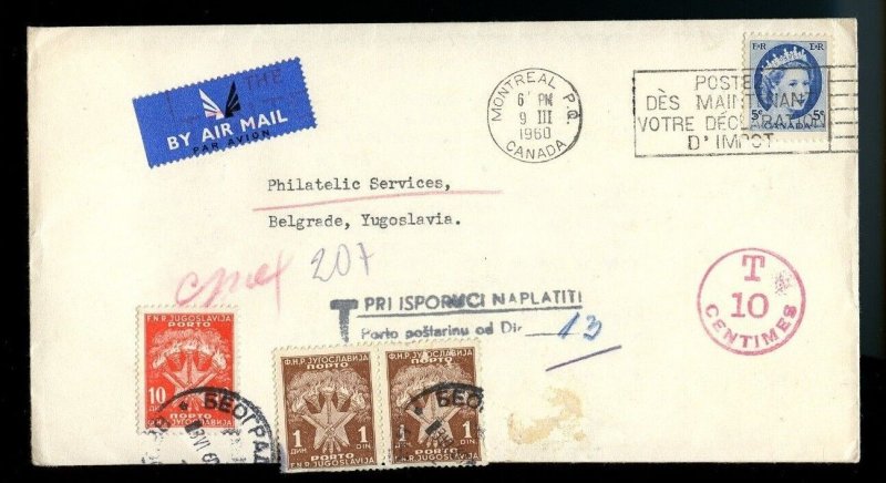 1960 to YUGOSLAVIA 5c Wilding short-paid postage due T10 tied cover Canada